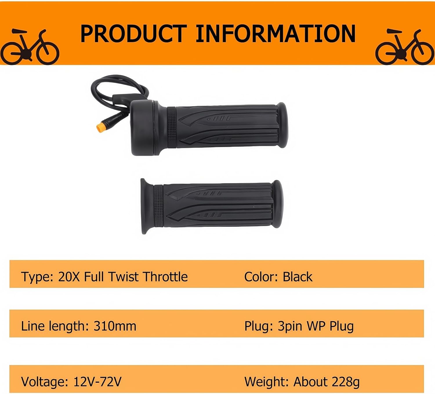 EBike Full Twist Throttle, 3 Pin EBike Throttle Grip with Waterproof Joint, 12-72V Right Hand Throttle for Electric Bike Electric Scooter or Electric Bicycle Conversion for 22.2mm Handlebar