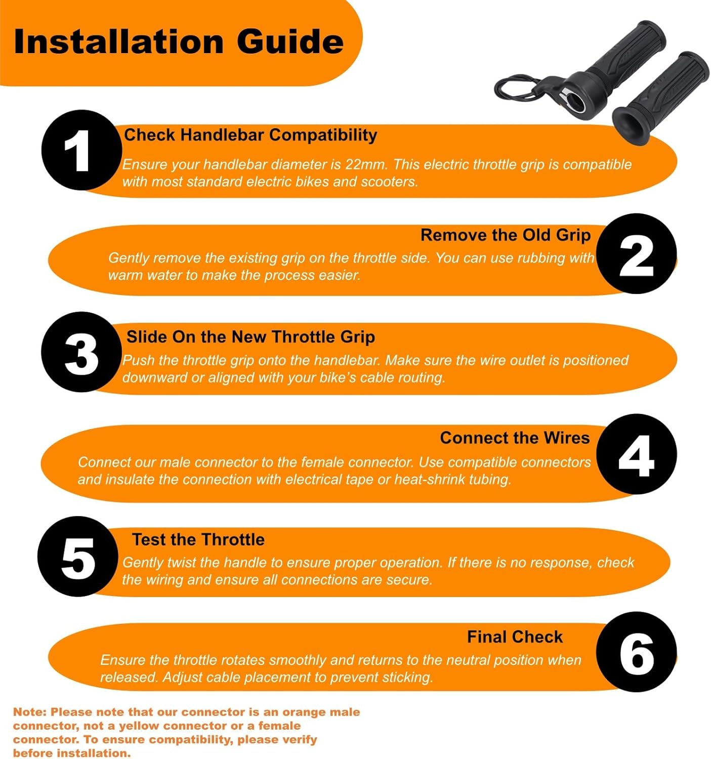 EBike Full Twist Throttle, 3 Pin EBike Throttle Grip with Waterproof Joint, 12-72V Right Hand Throttle for Electric Bike Electric Scooter or Electric Bicycle Conversion for 22.2mm Handlebar