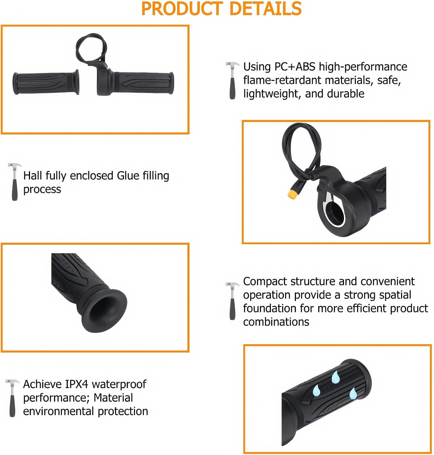 EBike Full Twist Throttle, 3 Pin EBike Throttle Grip with Waterproof Joint, 12-72V Right Hand Throttle for Electric Bike Electric Scooter or Electric Bicycle Conversion for 22.2mm Handlebar