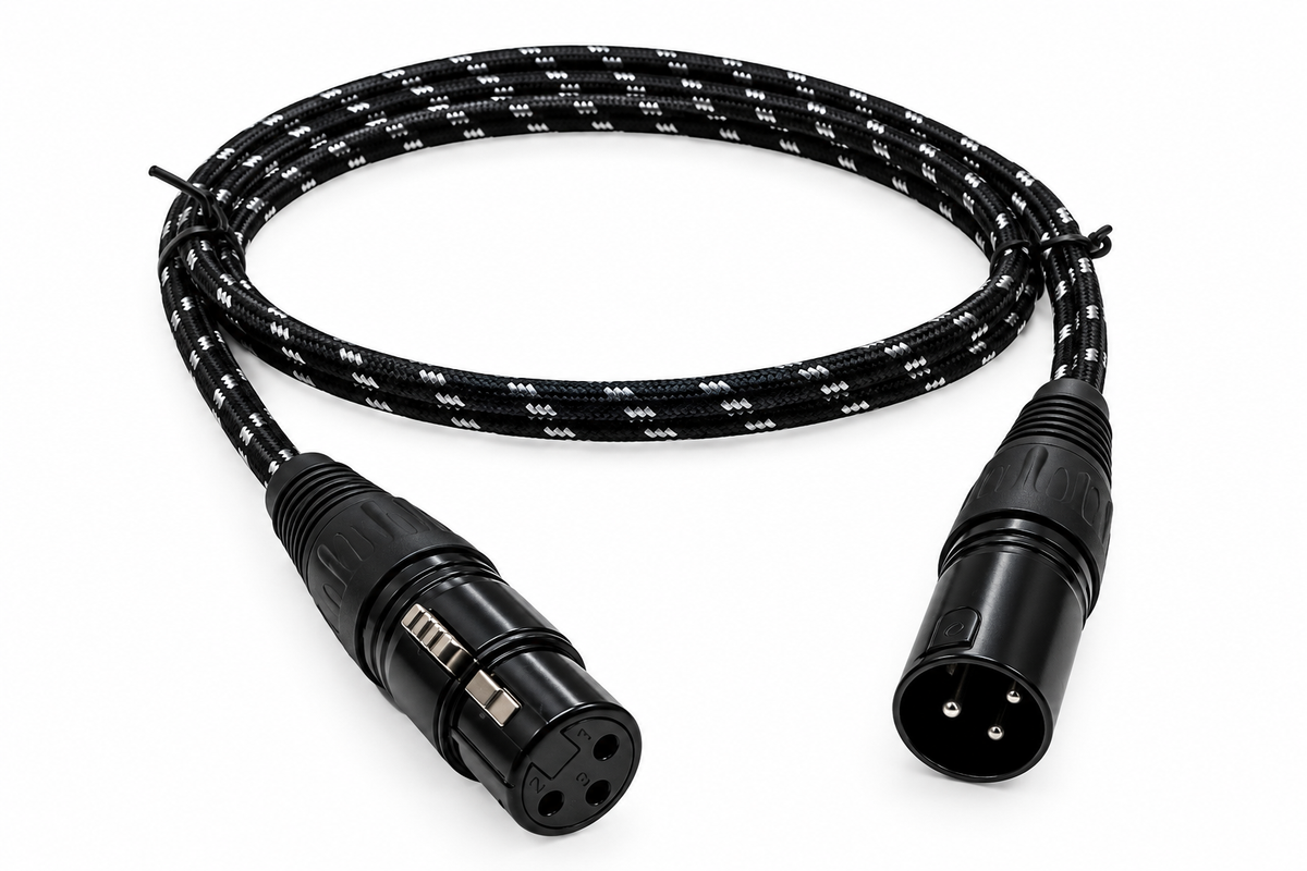 3 ft XLR extension cable, male to female 3-pin, black and white braided, for e-bike chargers and battery plugs