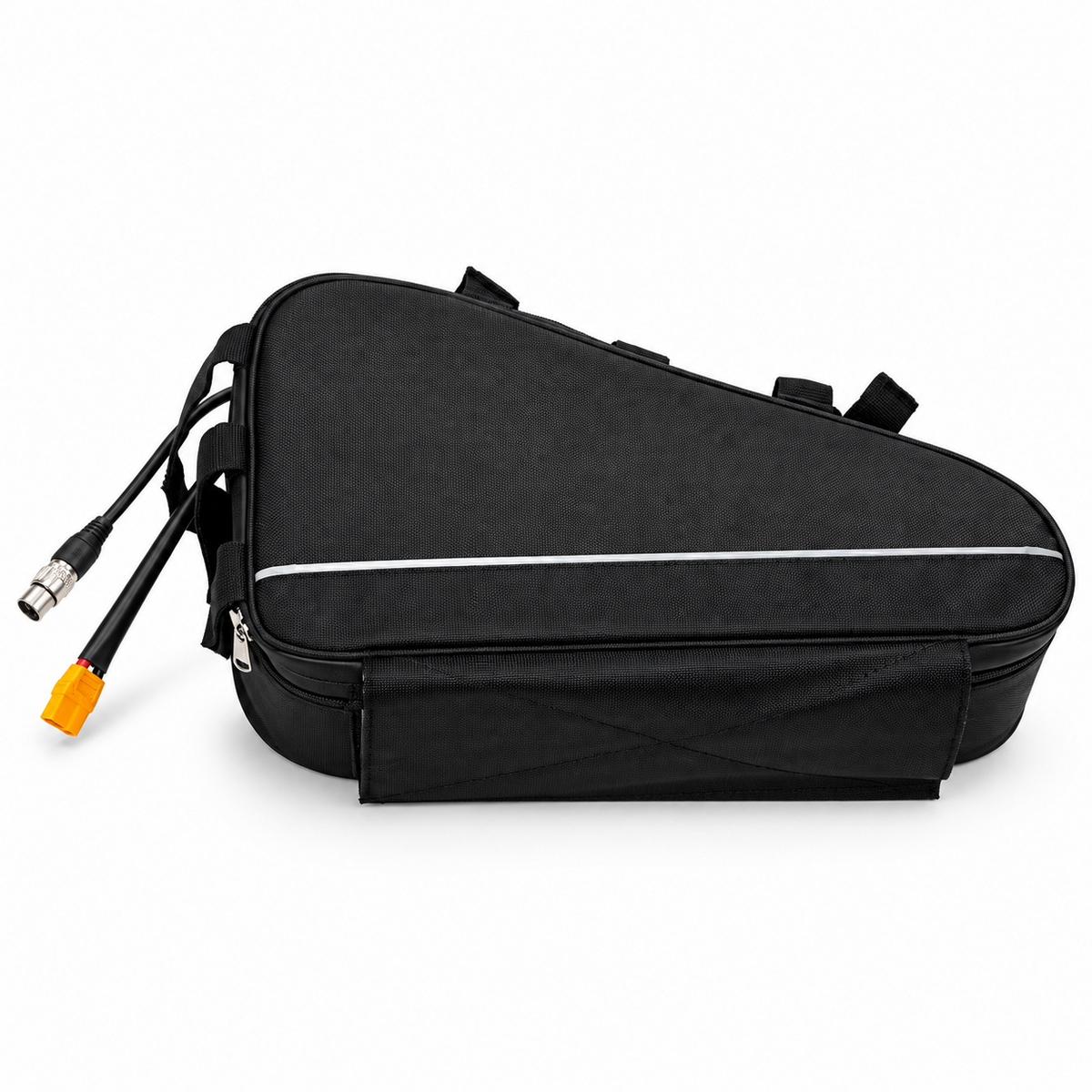 72V 30Ah lithium-ion triangle e-bike battery pack in black padded frame bag with velcro straps, XT90 discharge connector and charge port