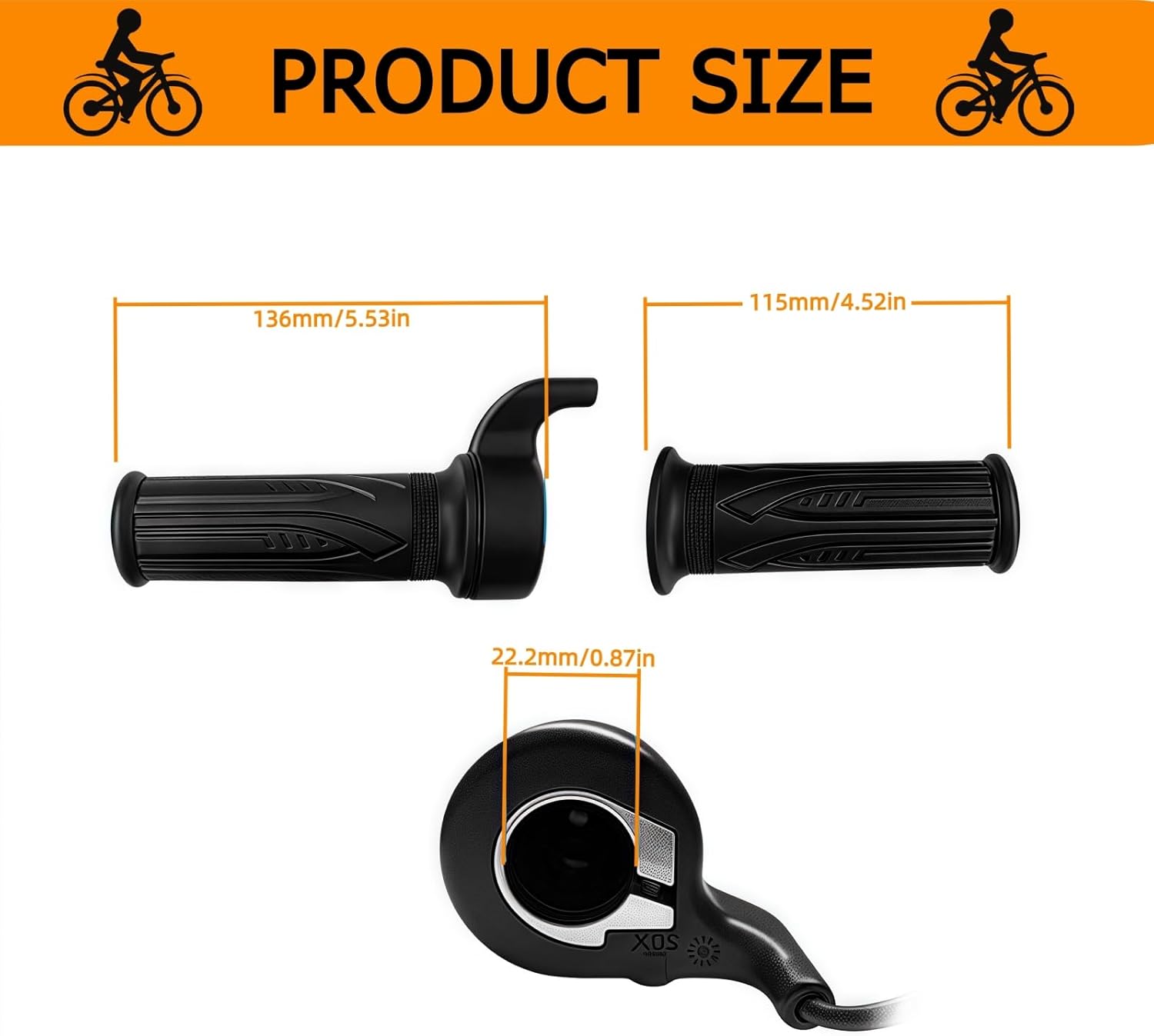 EBike Full Twist Throttle, 3 Pin EBike Throttle Grip with Waterproof Joint, 12-72V Right Hand Throttle for Electric Bike Electric Scooter or Electric Bicycle Conversion for 22.2mm Handlebar