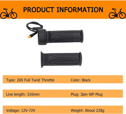 EBike Full Twist Throttle, 3 Pin EBike Throttle Grip with Waterproof Joint, 12-72V Right Hand Throttle for Electric Bike Electric Scooter or Electric Bicycle Conversion for 22.2mm Handlebar