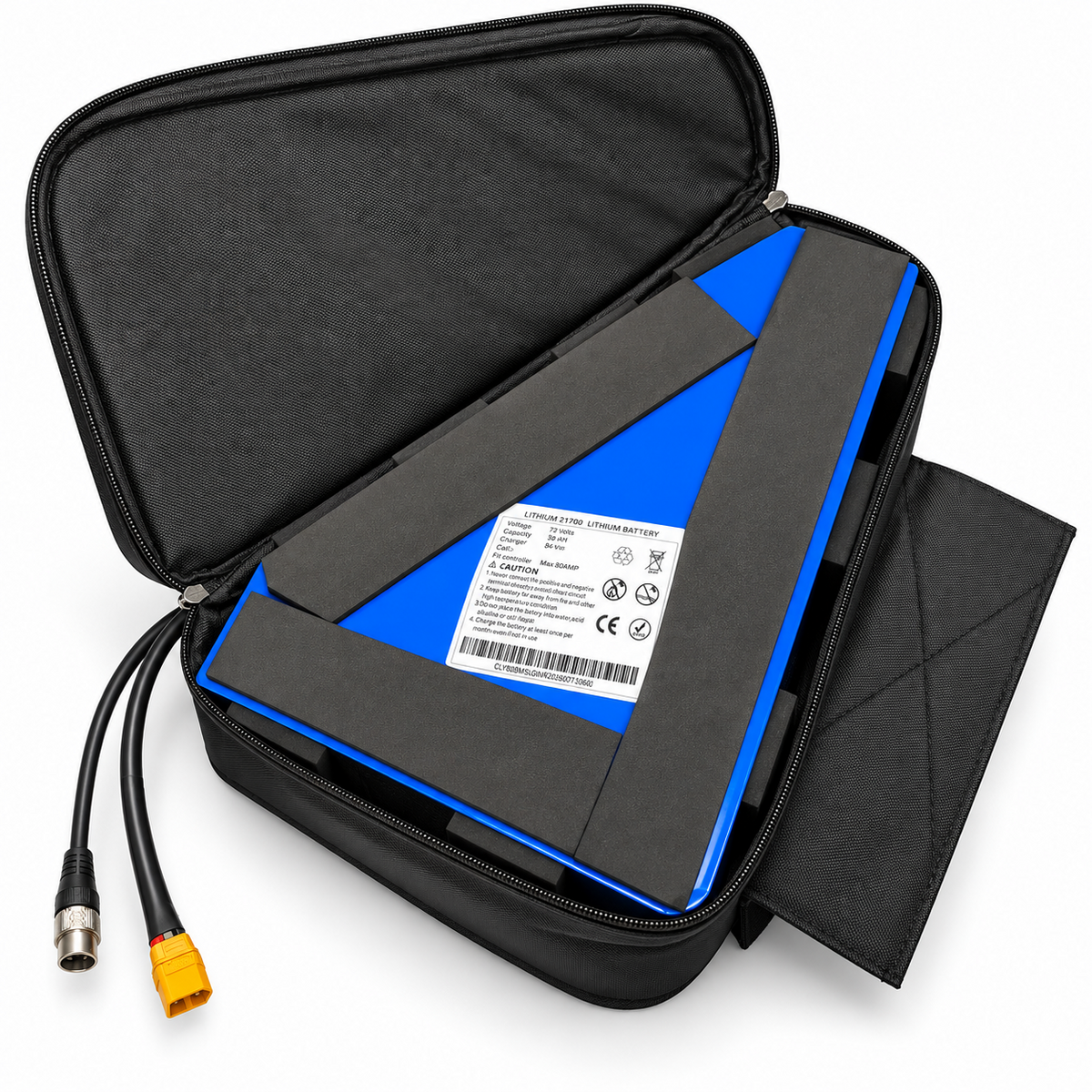 72V 30Ah 21700 lithium-ion triangle battery pack inside open zippered frame bag with foam padding